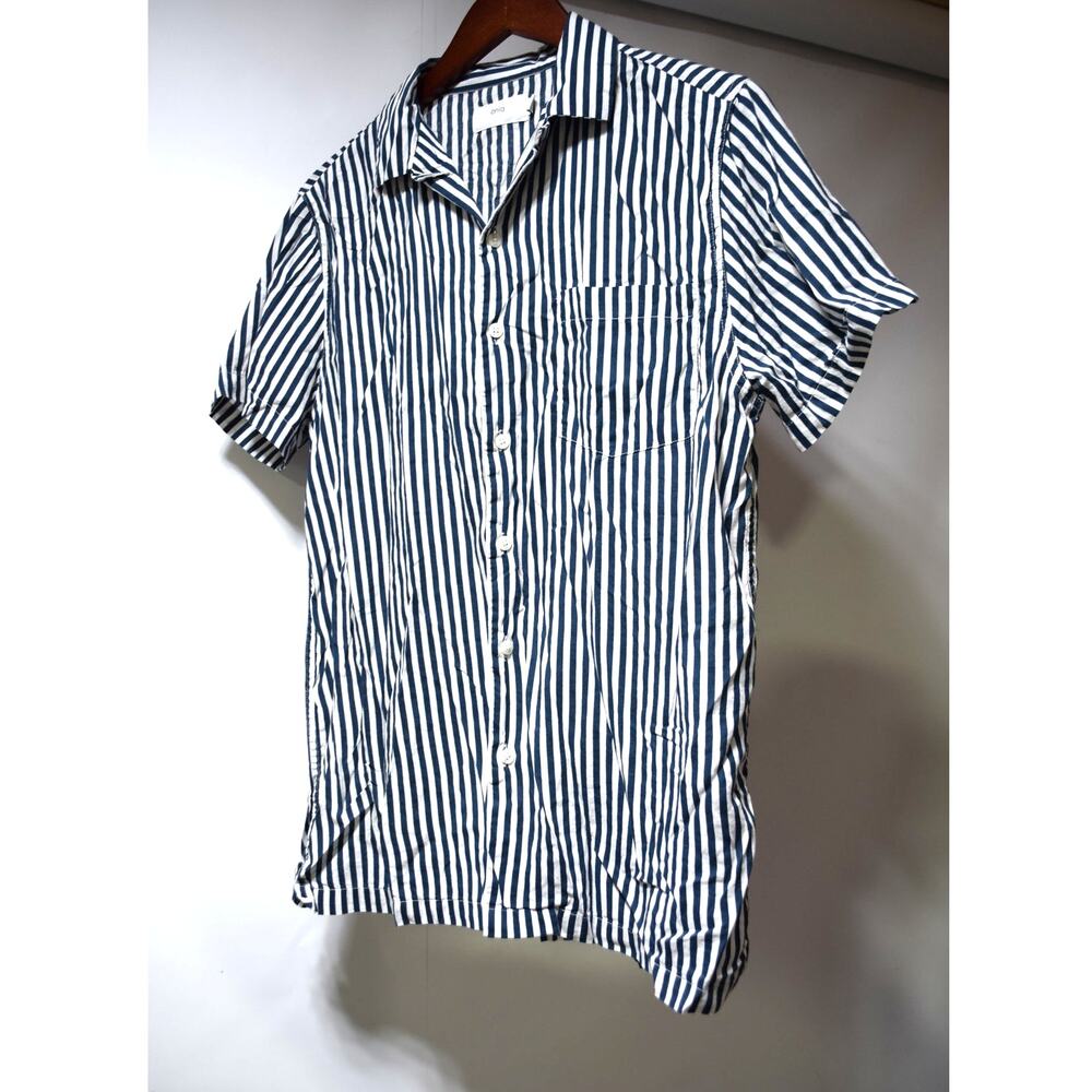 Onia Men’s Small Striped Short Sleeve Shirt Blue White Cotton Modal Camp Collar